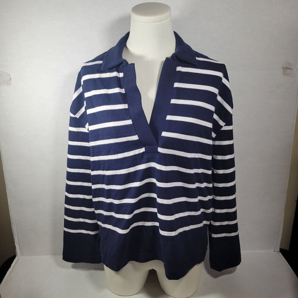 NWT Madewell Women White & Blue Striped Nautical Rugby Polo V-Neck Cotton XS Tee - Picture 1 of 7